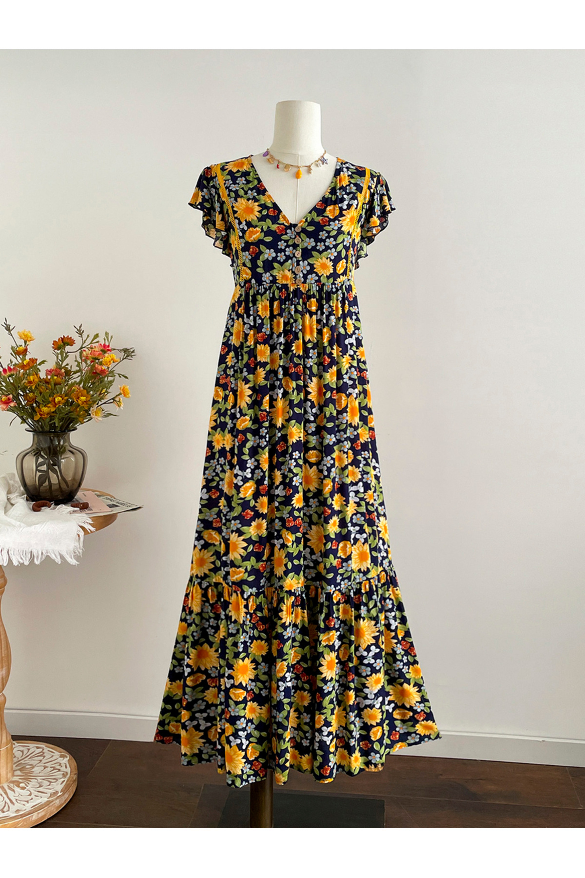 Styli Women V Neck Floral Maxi Dress
