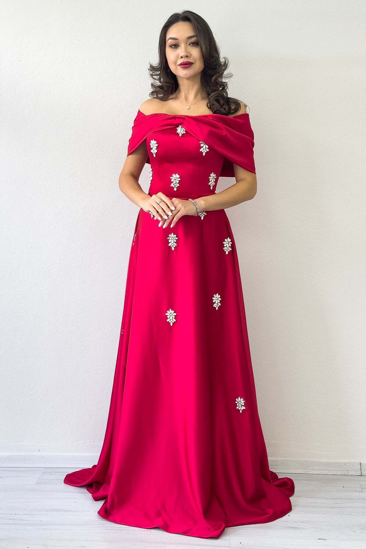 zks grup tekstil Bow Collar Stone Detailed Satin Evening Dress