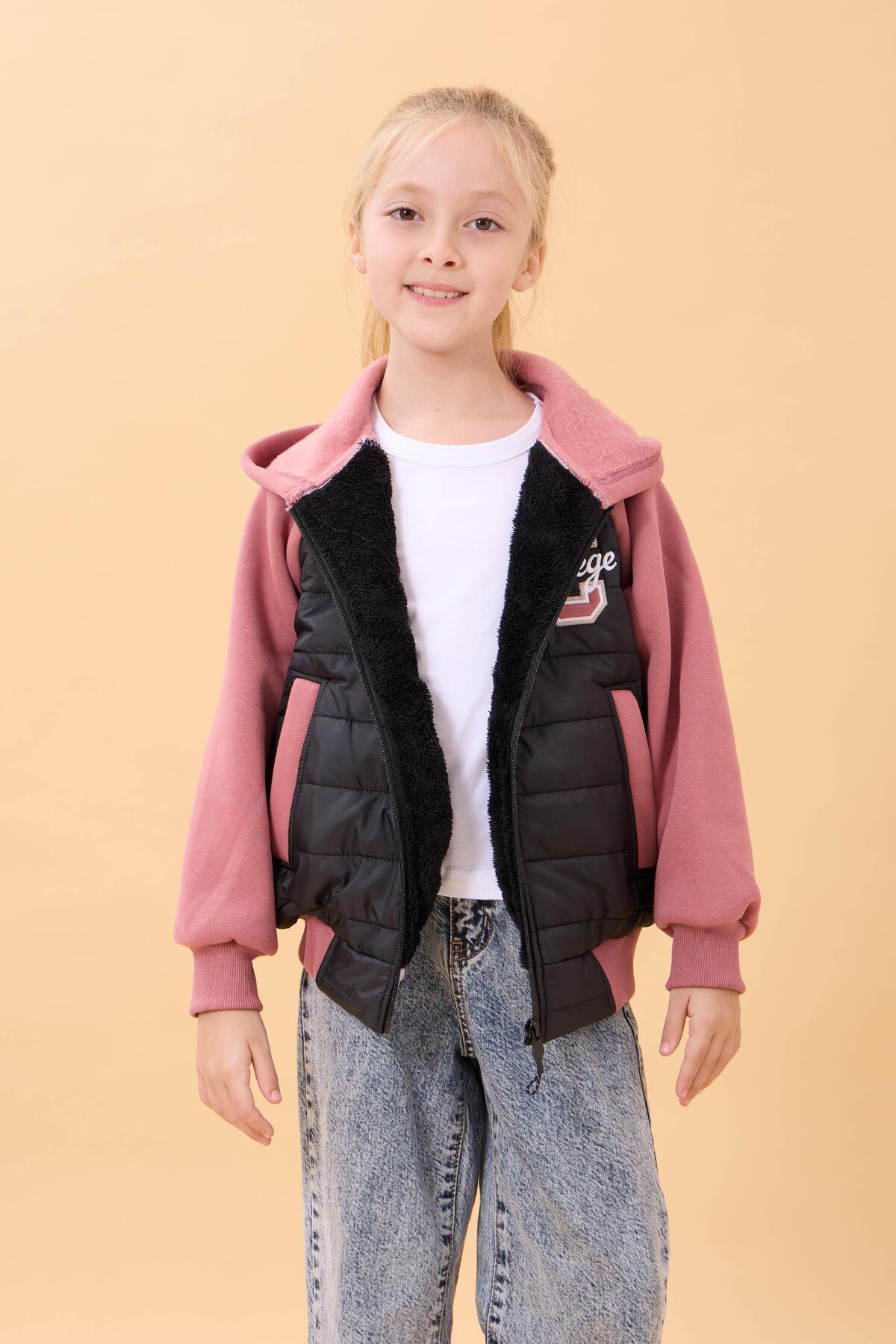 Perendi Kız Çocuk İçi Peluşlu Kapüşonlu Kapitone Kolej Ceket – Siyah fotoğrafı 4 (önizleme)