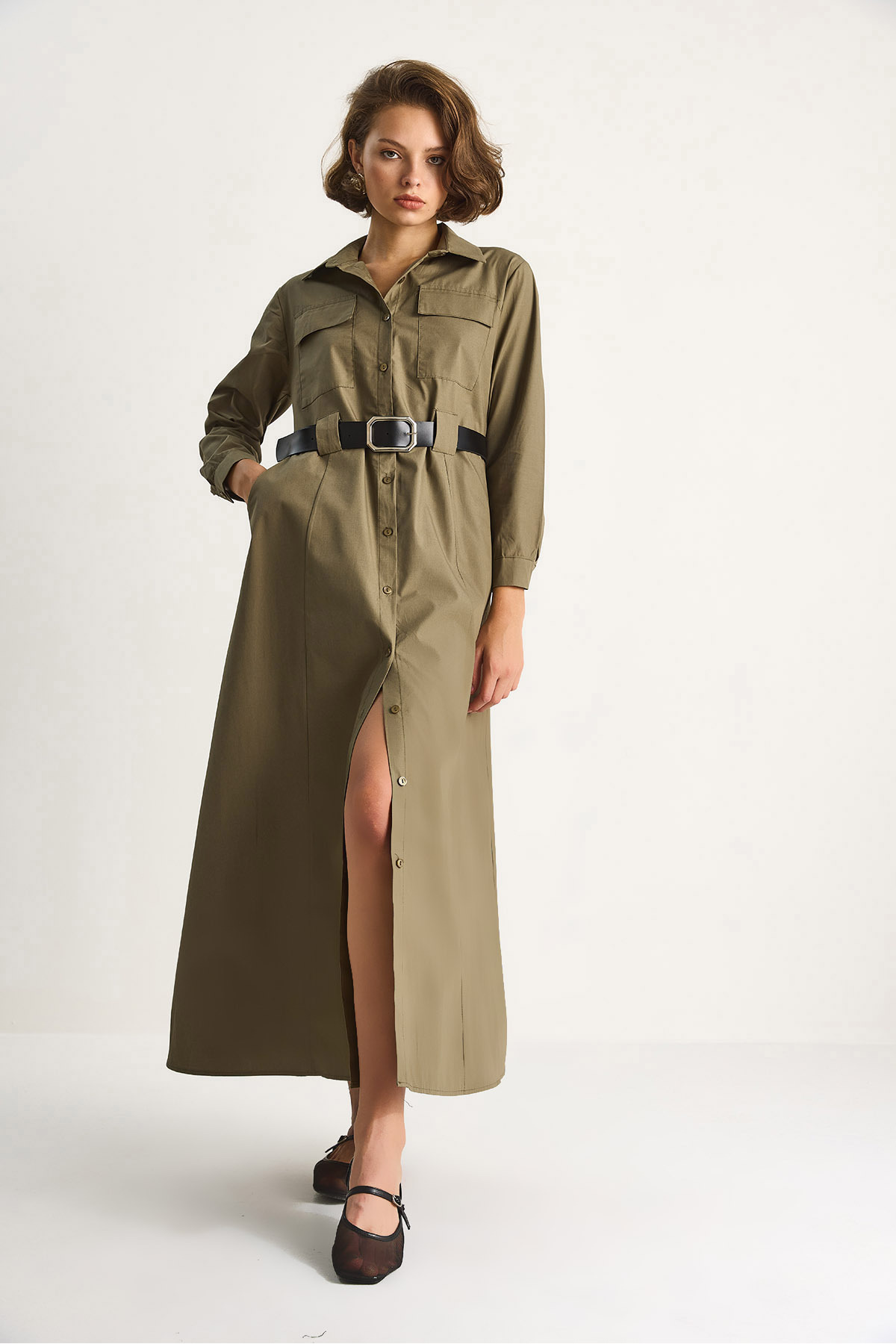 Bianco Lucci  Kadın Düğme Kapamalı Cep Detaylı Kemerli Gömlek Elbise 60284073 - Görsel 5