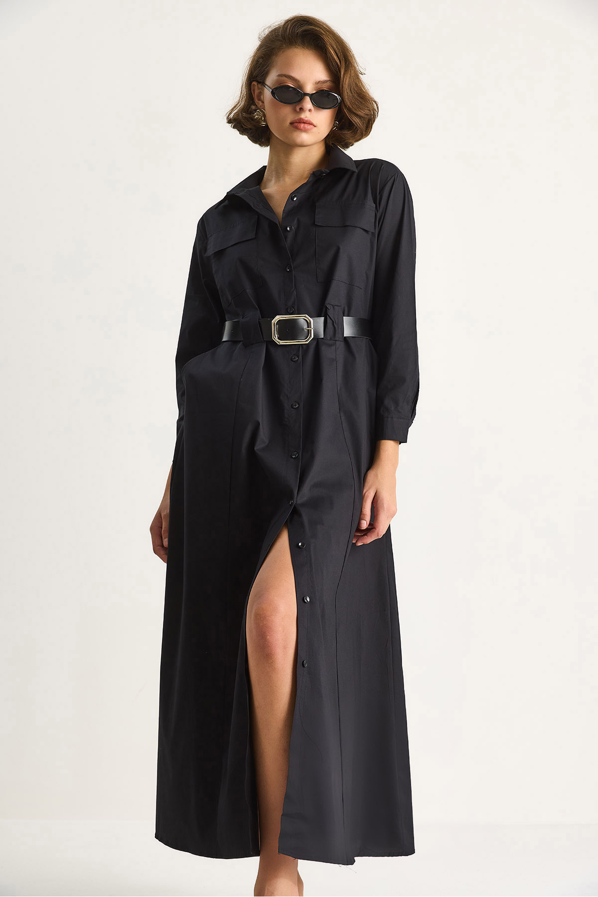 Bianco Lucci  Kadın Düğme Kapamalı Cep Detaylı Kemerli Gömlek Elbise 60284073 - Görsel 6