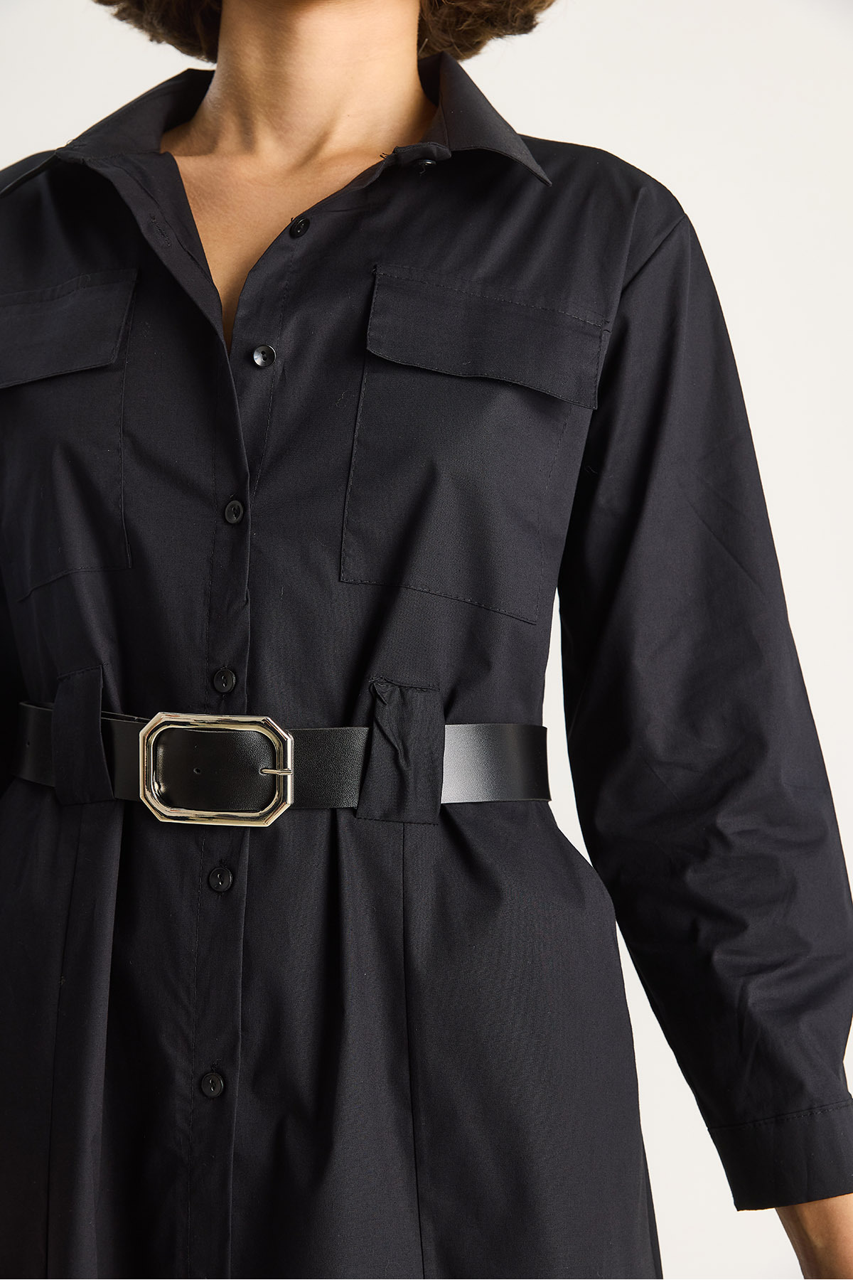 Bianco Lucci  Kadın Düğme Kapamalı Cep Detaylı Kemerli Gömlek Elbise 60284073 - Görsel 8