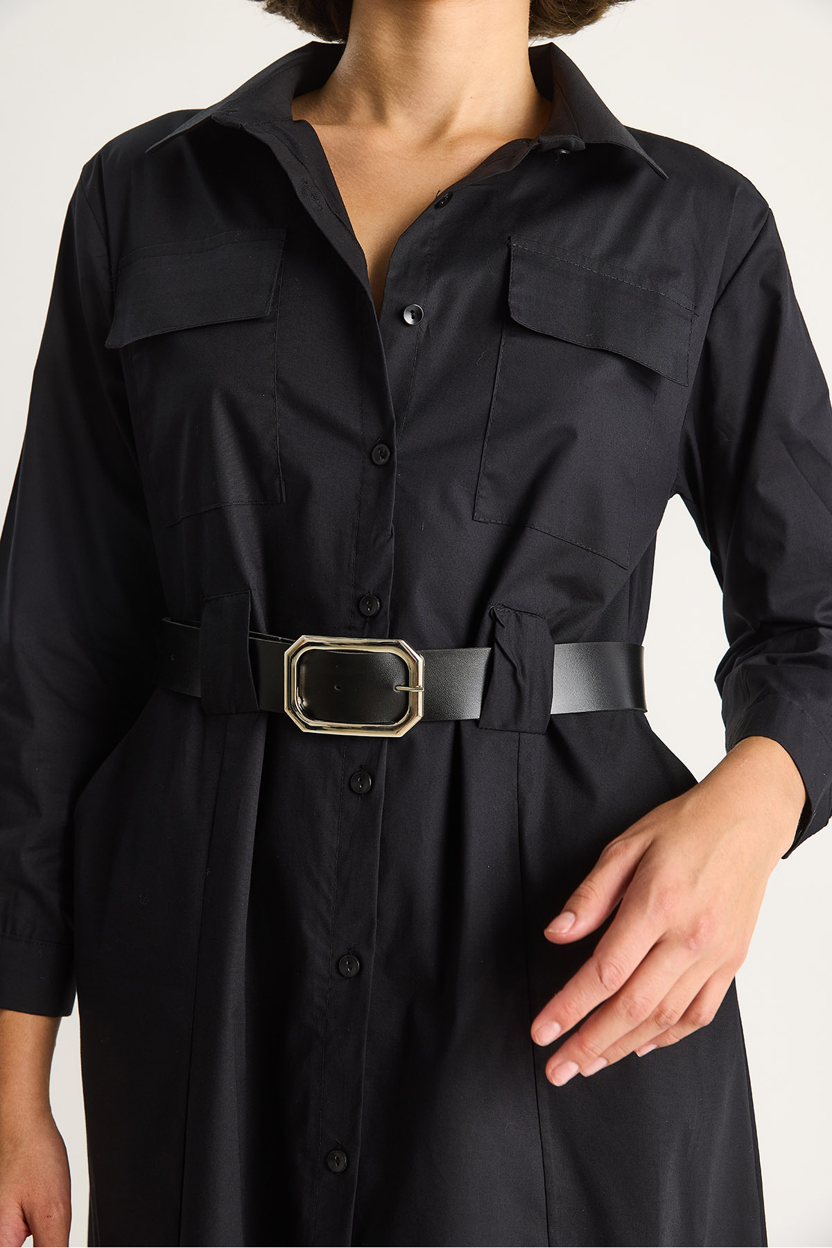 Bianco Lucci  Kadın Düğme Kapamalı Cep Detaylı Kemerli Gömlek Elbise 60284073 - Görsel 7