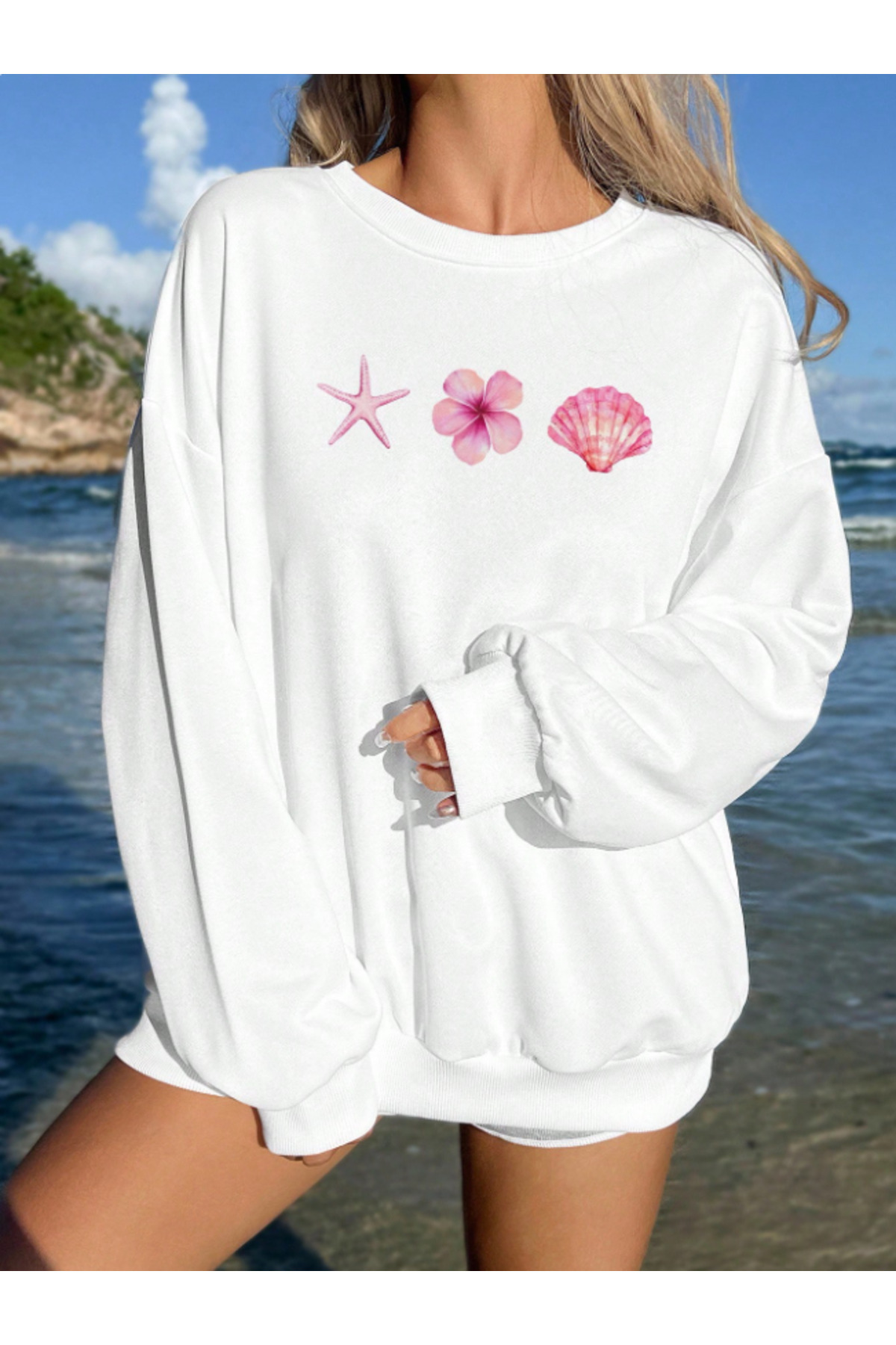 Revasser  Unisex Kadın/Erkek Detaylı DENİZ Özel Baskılı Renkli Oversize Bisiklet Yaka Pamuklu Sweatshirt - Görsel 3