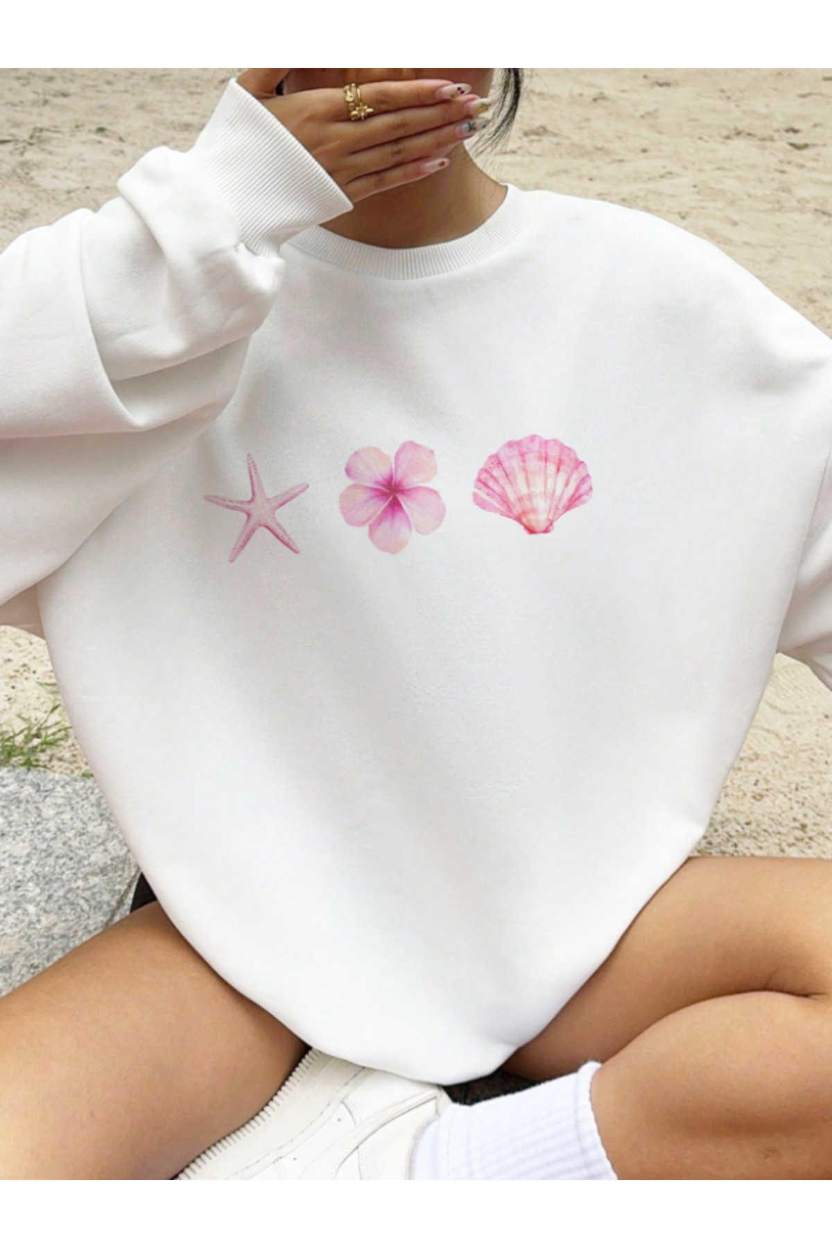 Revasser  Unisex Kadın/Erkek Detaylı DENİZ Özel Baskılı Renkli Oversize Bisiklet Yaka Pamuklu Sweatshirt