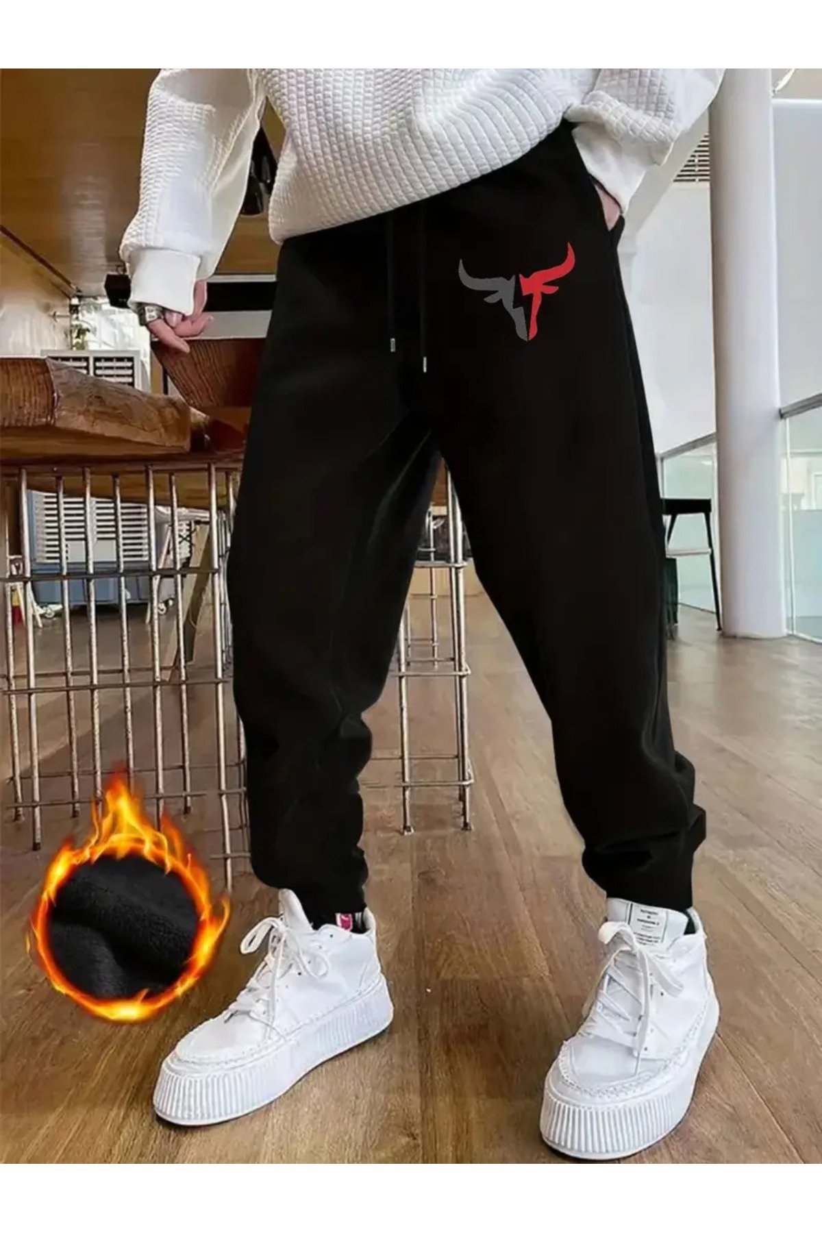 WOODROFFE Erkek Cesur Boğa Boynuzu Baskılı Kırmızı Gri Siyah Eşofman Altı Jogger