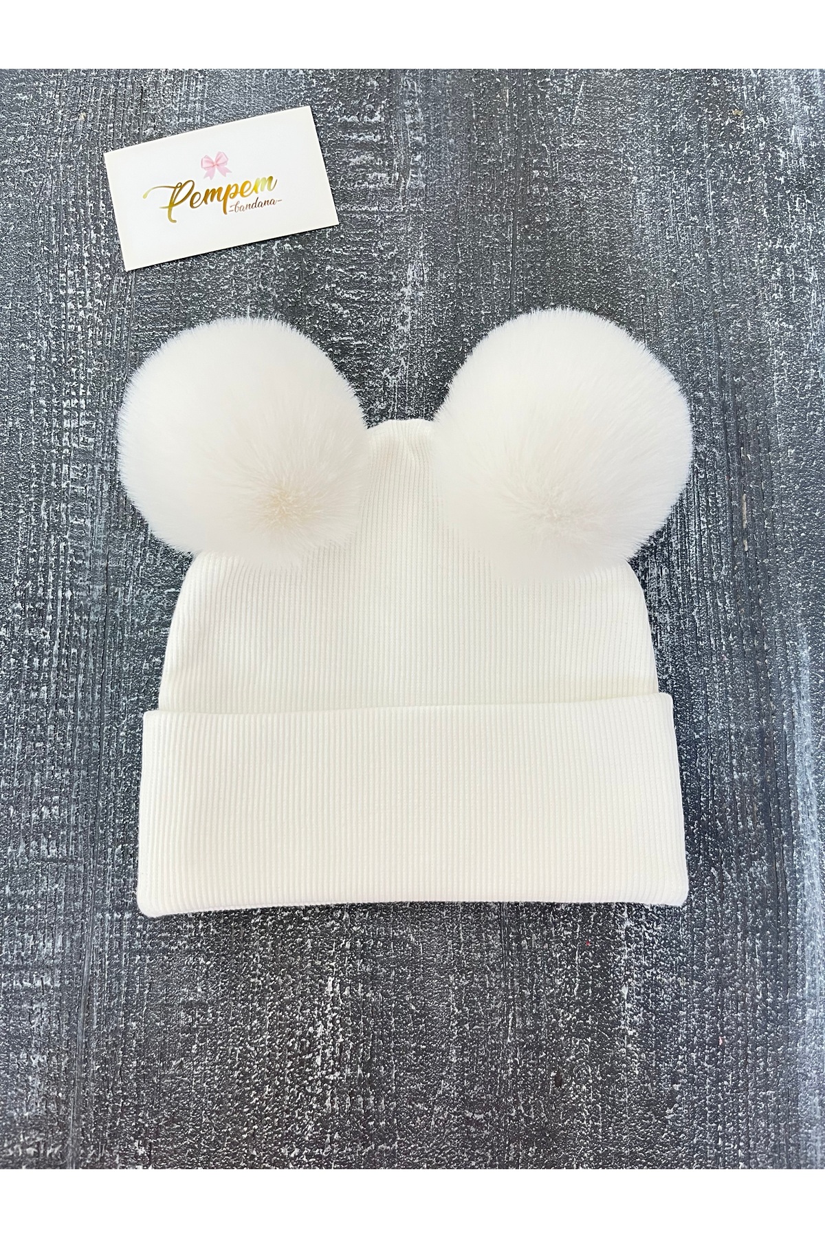 pempem bandana kız bebek çocuk iri peluş ponponlu kaşkorse bere fotoğrafı 2 (önizleme)