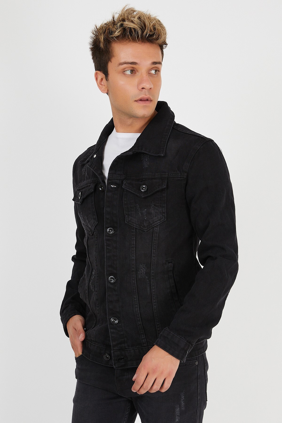 DAMGA JEANS  Erkek Mevsimlik Jeans Basic Bol Siyah Kot Ceket - Görsel 7