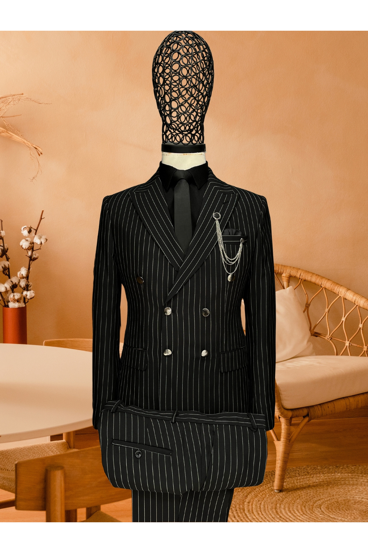 Genel Markalar Slim Fit Kruvaze Takım Elbise Çizgili