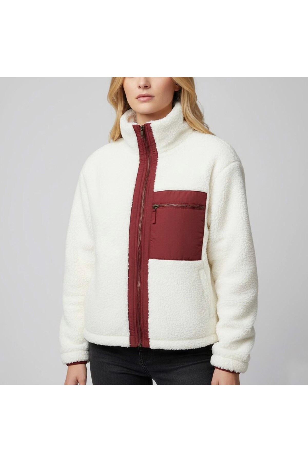 Grenj Fashion  Bordo Garni Detaylı Ekru Peluş Örme Spor Ceket