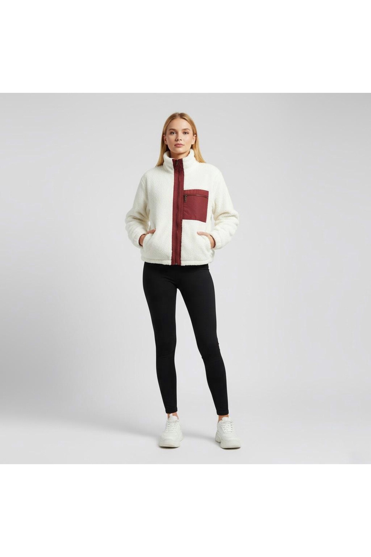 Grenj Fashion  Bordo Garni Detaylı Ekru Peluş Örme Spor Ceket - Görsel 2