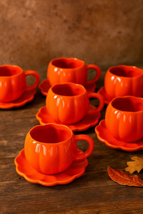 DS Home&Design El Yapımı 6 Kişilik Tabaklı Seramik Bal Kabağı Çay Kahve Finca...