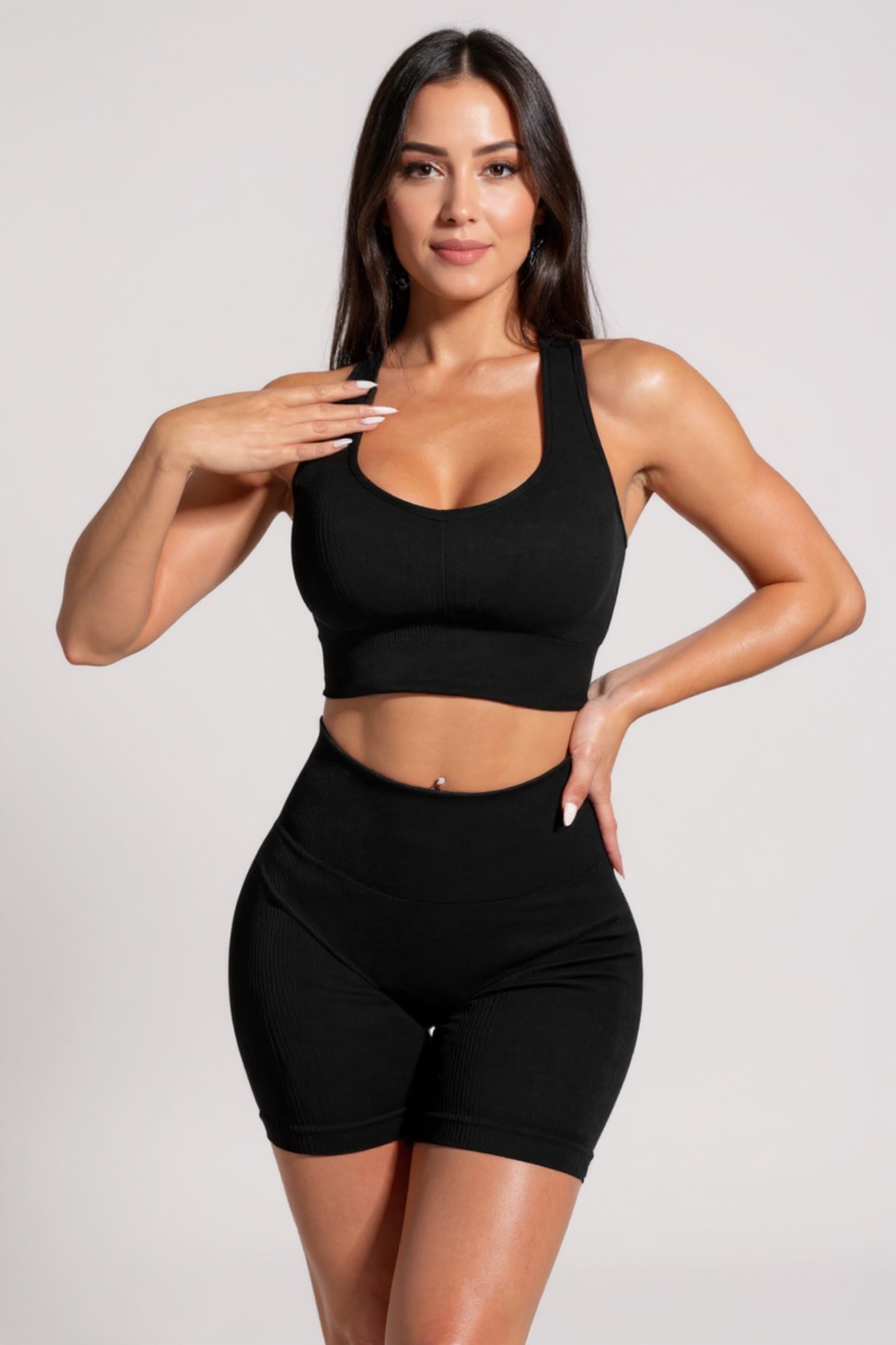 R ROCKBLACK Kadın Siyah Yüksek Bel Çapraz Sırt Detaylı Şortlu Gecelik Takım