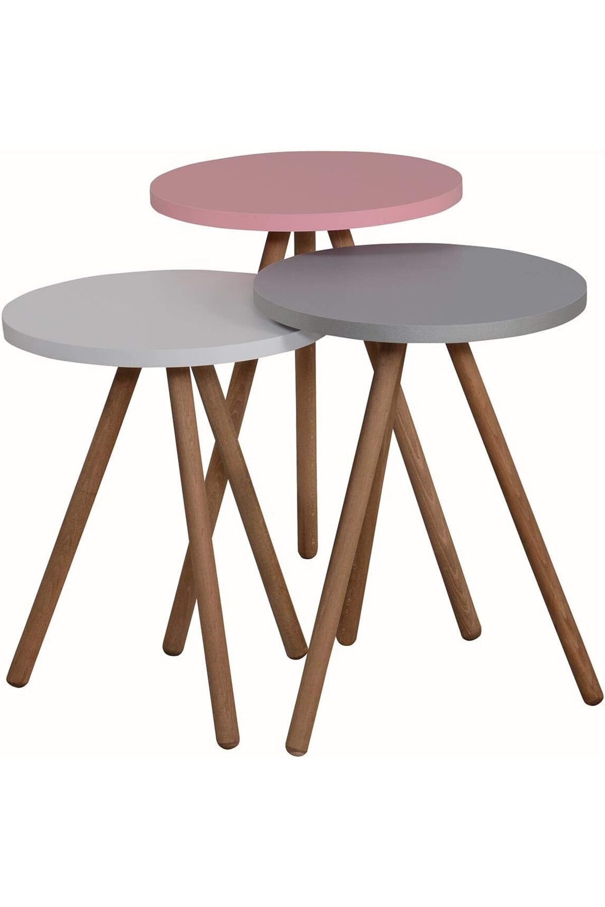 STOREMAX Renkli Üçlü Zigon Sehpa Ahşap Ayaklı Yuvarlak Pastel Tasarım Pembe Beyaz Gri 1157054