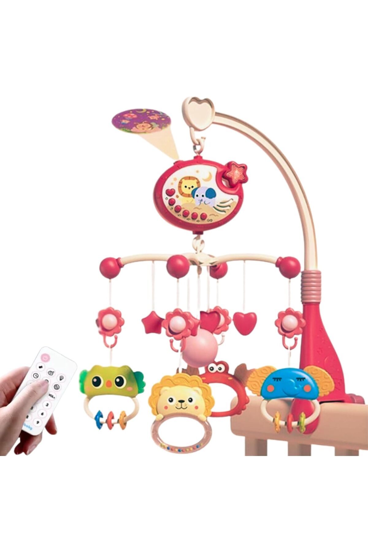 STOREMAX Pilli Işıklı Müzikli Projektörlü Kumandalı Sabitlemeli Dönence Çıngıraklı Dişlikli Bebek Yatıştırıcı