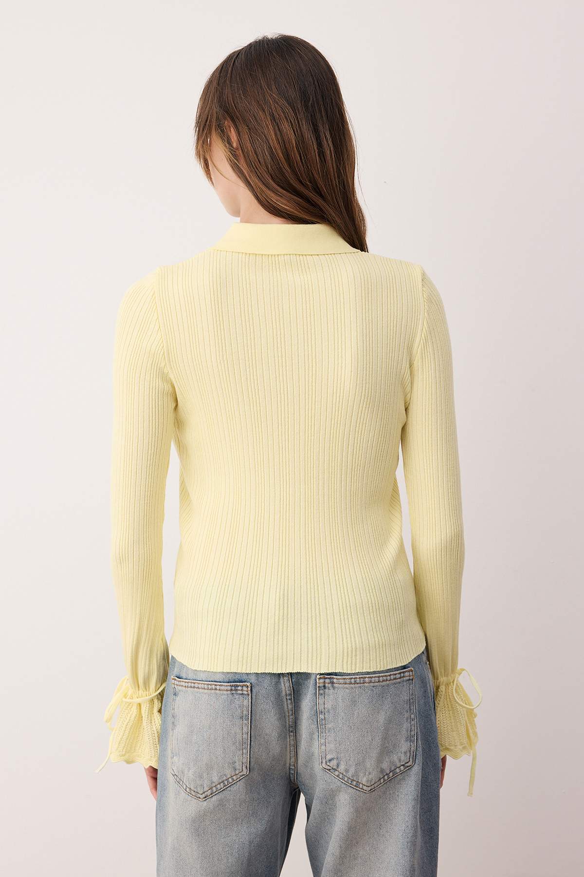 Trendyolmilla Sarı Merserize Görünümlü Fitilli Polo Yaka Triko