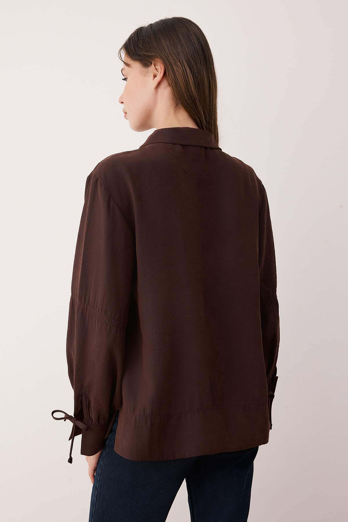 Trendyolmilla  Sustainable Koyu Kahverengi Boho Modal Bağlama Detaylı Oversize Modal Gömlek TWOAW26GO00080 - Görsel 8