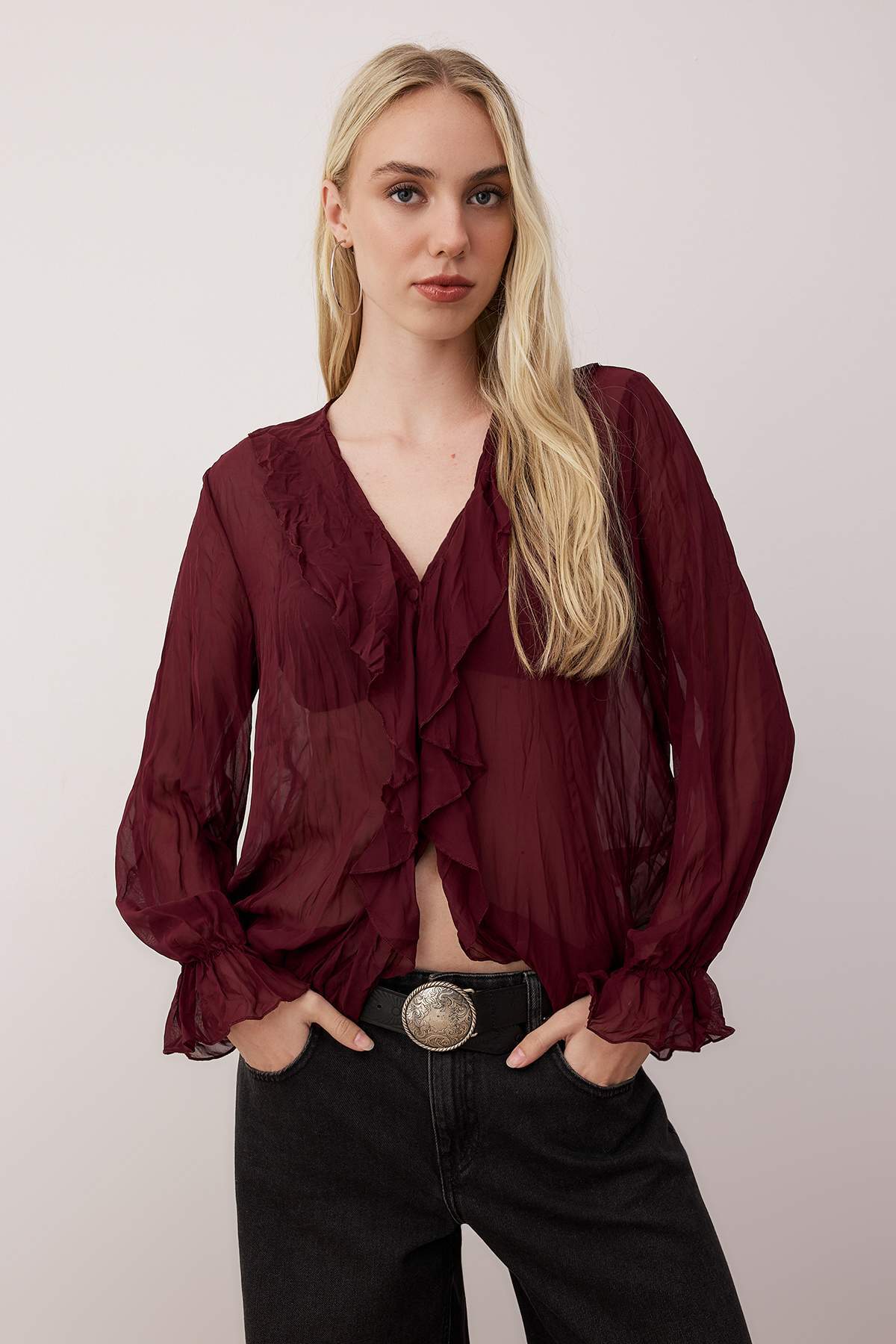 Trendyolmilla  Mürdüm Boho Kırışık Görünümlü Şifon Transparan Gömlek TWOAW26GO00070