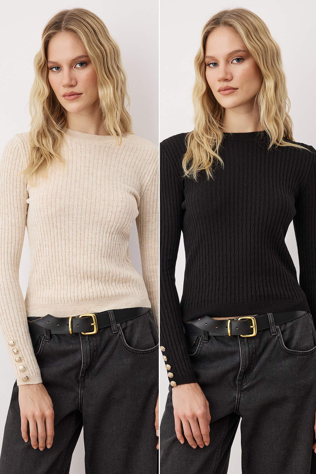 Trendyolmilla  Siyah-Taş Bisiklet Yaka Saç Örgü İkili Paket Triko Kazak TWOAW26KZ00188