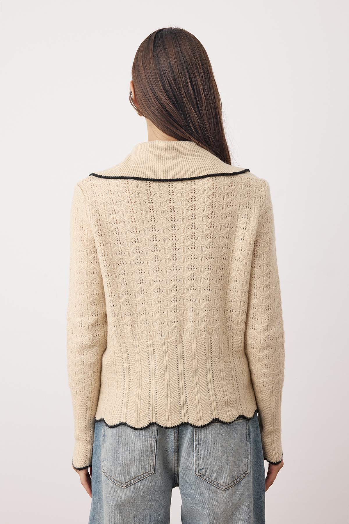 Trendyolmilla  Taş Devrik Yaka Pointelle Fitted Triko Hırka TWOAW26HI00073 - Görsel 8