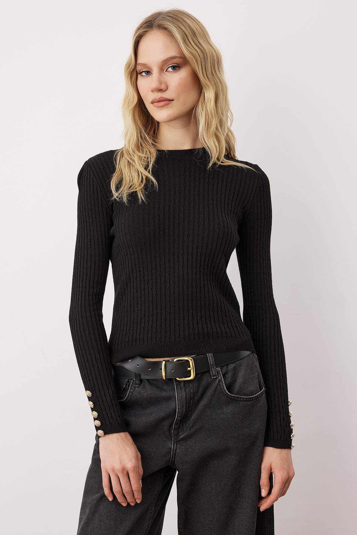 Trendyolmilla  Siyah-Taş Bisiklet Yaka Saç Örgü İkili Paket Triko Kazak TWOAW26KZ00188 - Görsel 5