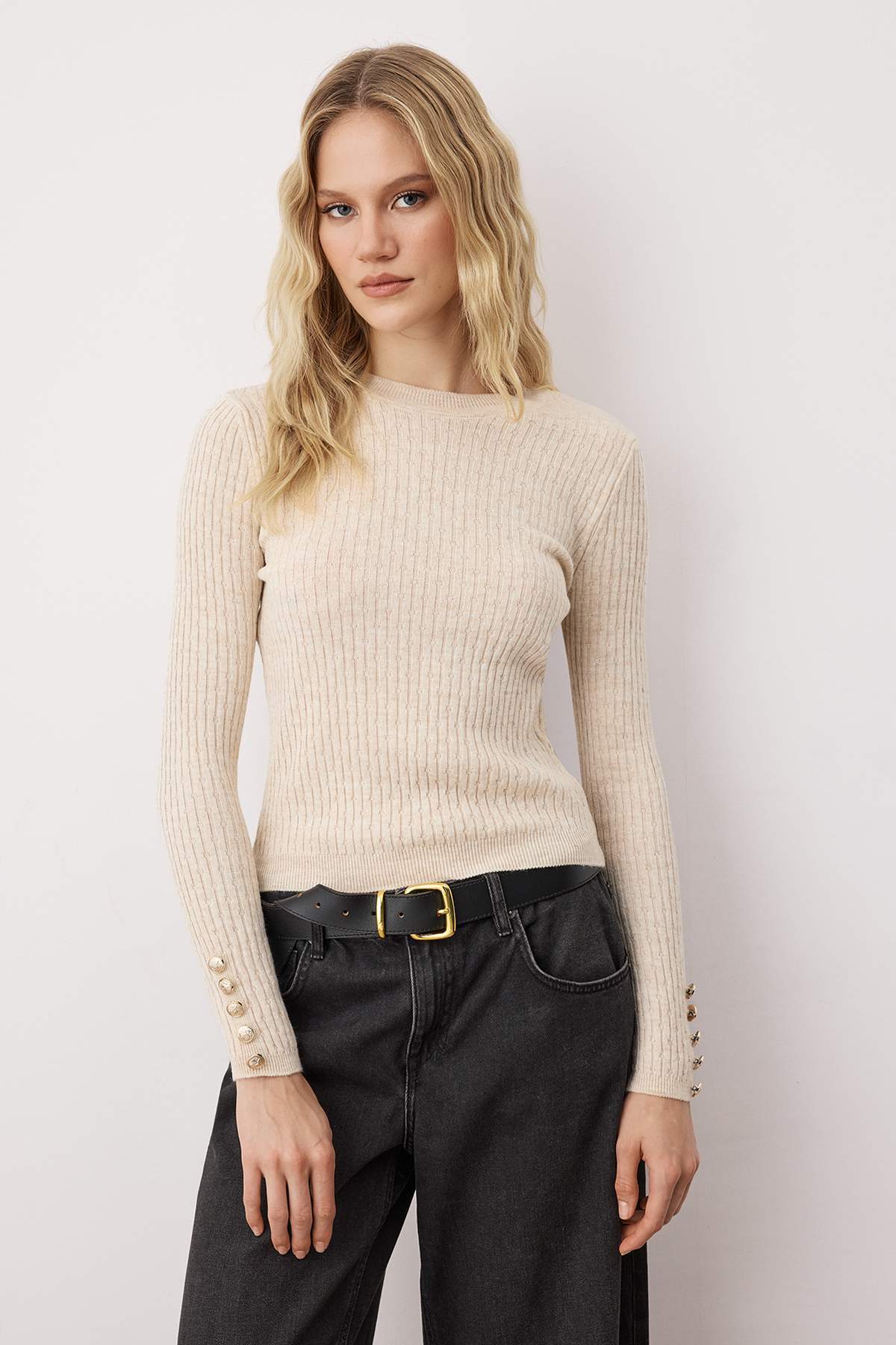 Trendyolmilla  Siyah-Taş Bisiklet Yaka Saç Örgü İkili Paket Triko Kazak TWOAW26KZ00188 - Görsel 2