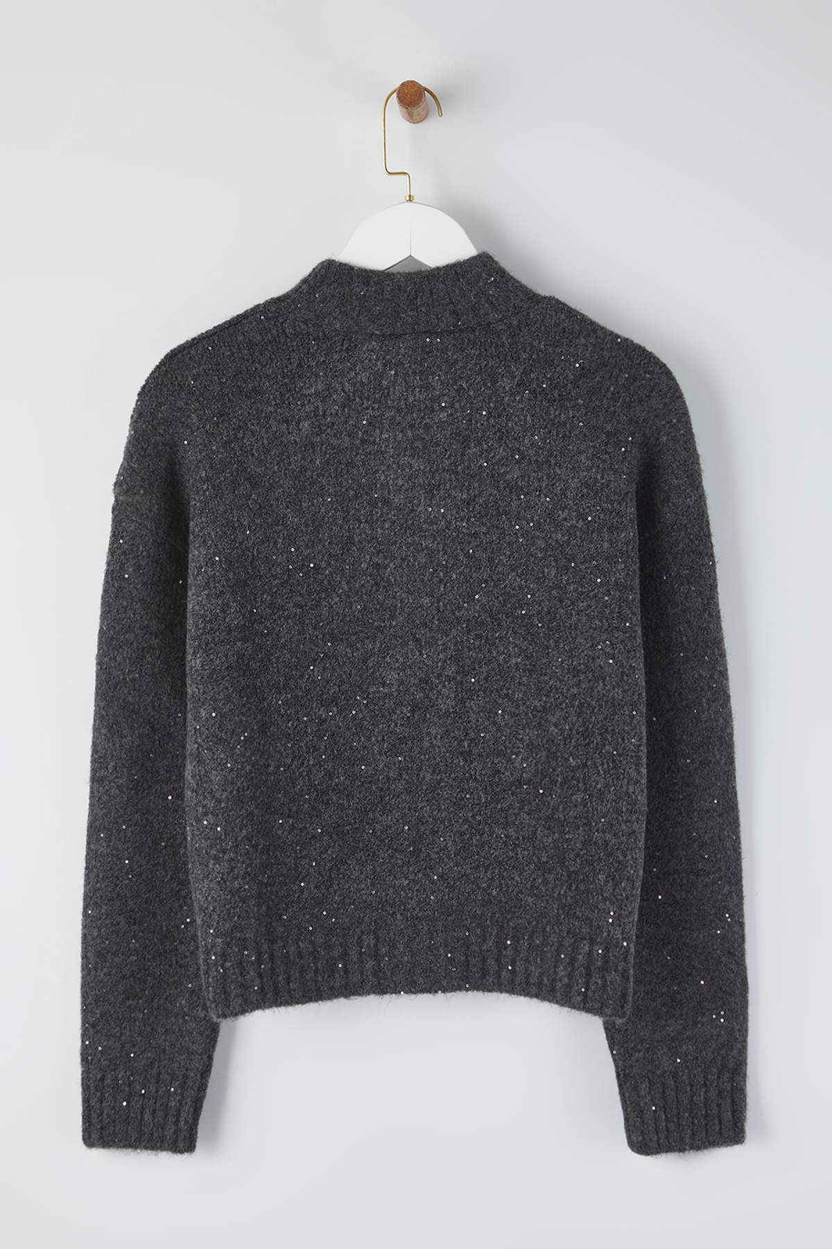 Trendyolmilla  Antrasit Fermuarlı Dik Yaka Yumuşak Dokulu Payetli Triko Hırka TWOAW26HI00053 - Görsel 8