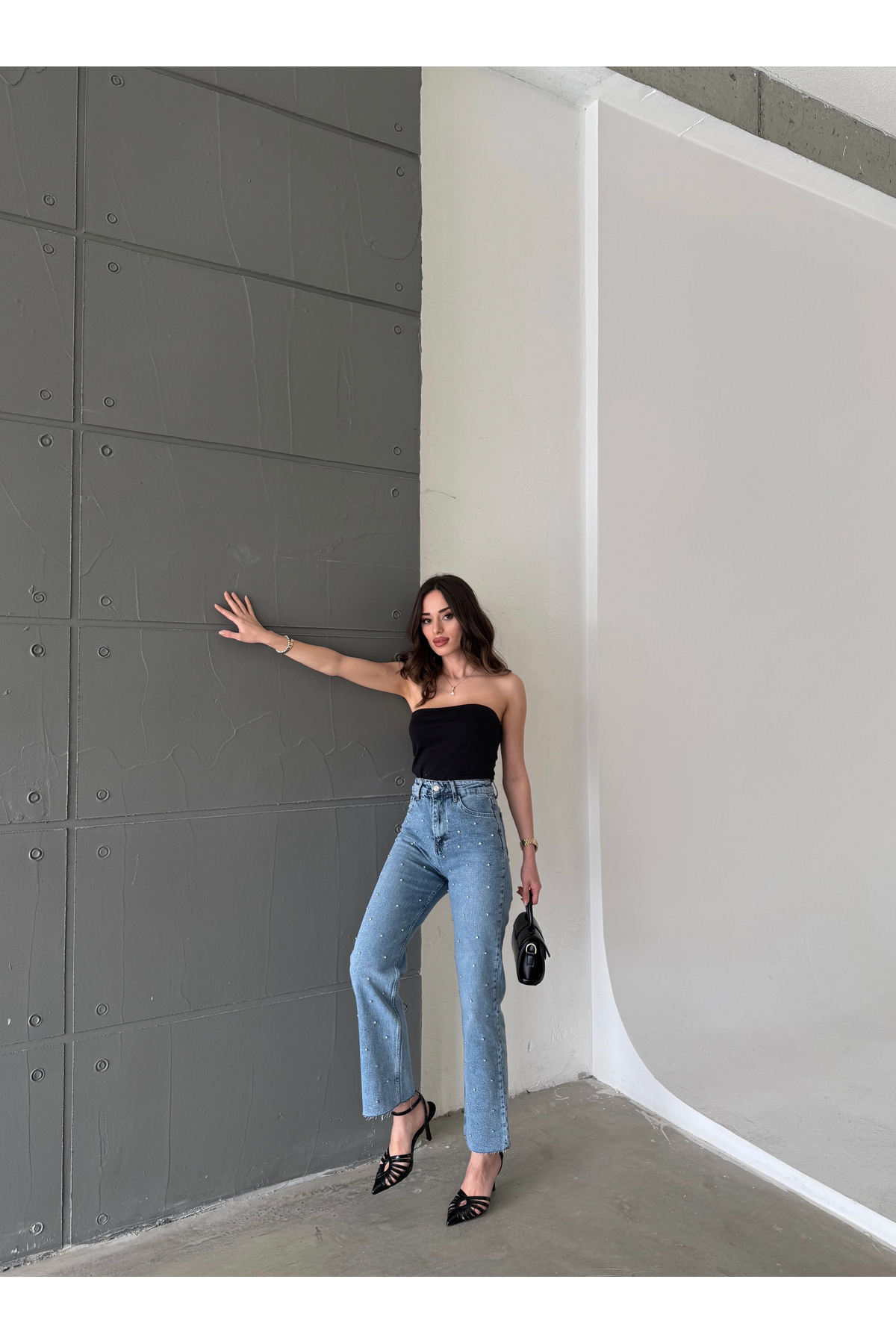 Bluezoni  Kadın Mavi Renk Parlak Taşlı Wide Leg Özel Tasarım Denim Palazzo Pantolon - Görsel 7