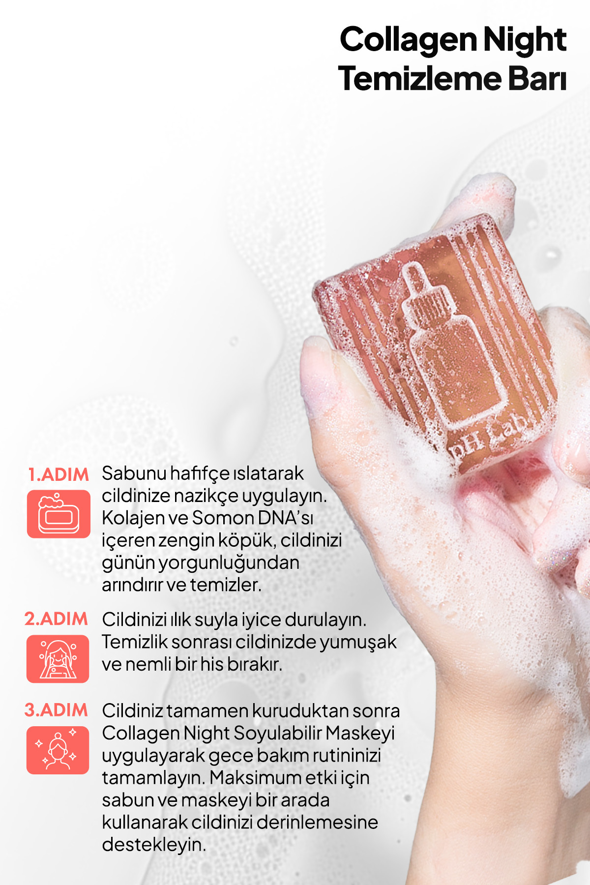 Phlab Collagen Night Kolajen ve Somon DNA'lı Gece Yüz Bakım Barı, Kolajen Sabunu, Porselen Cam Cilt — PCNKS01 — تصویر 5 از 7