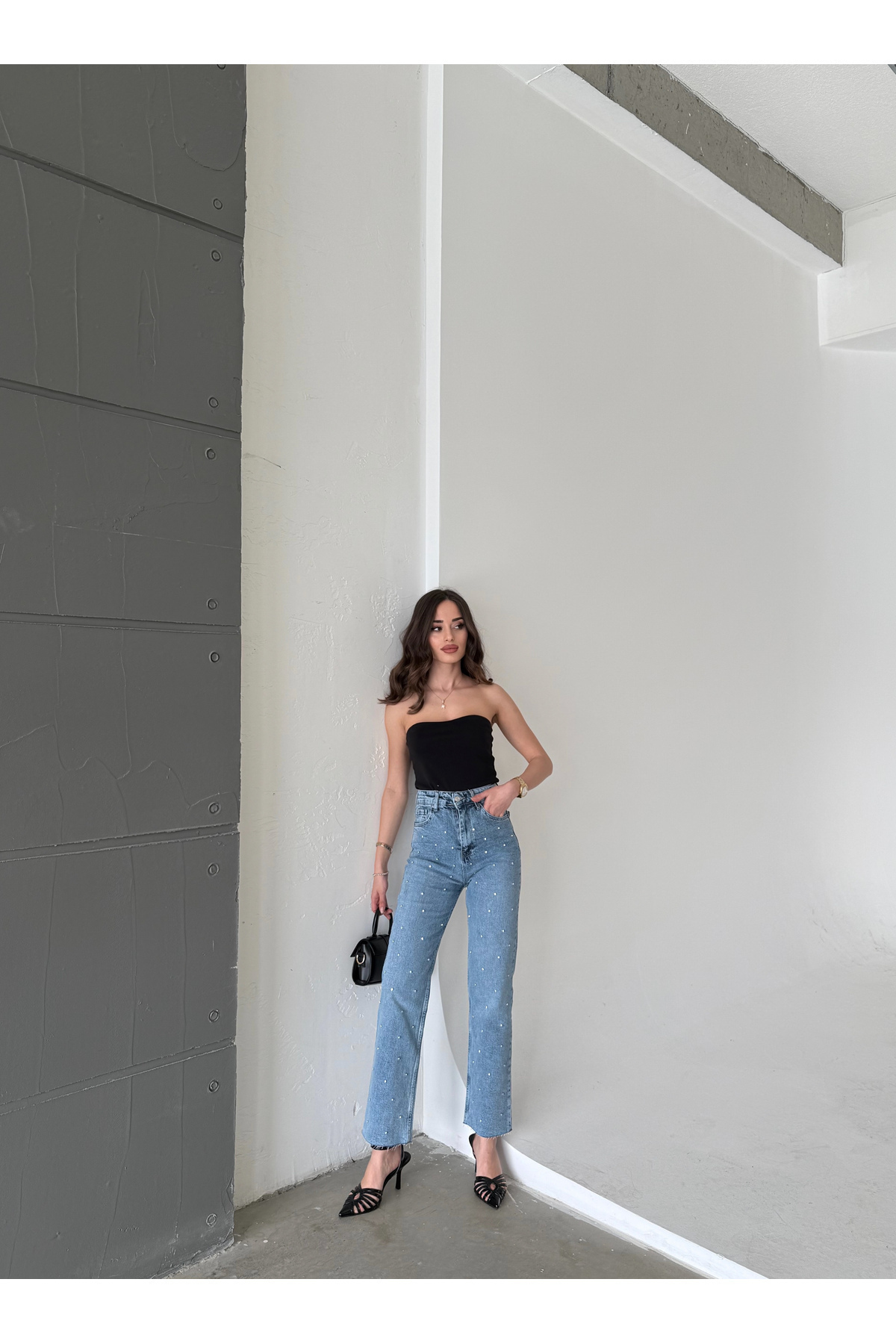 Bluezoni  Kadın Mavi Renk Parlak Taşlı Wide Leg Özel Tasarım Denim Palazzo Pantolon - Görsel 6