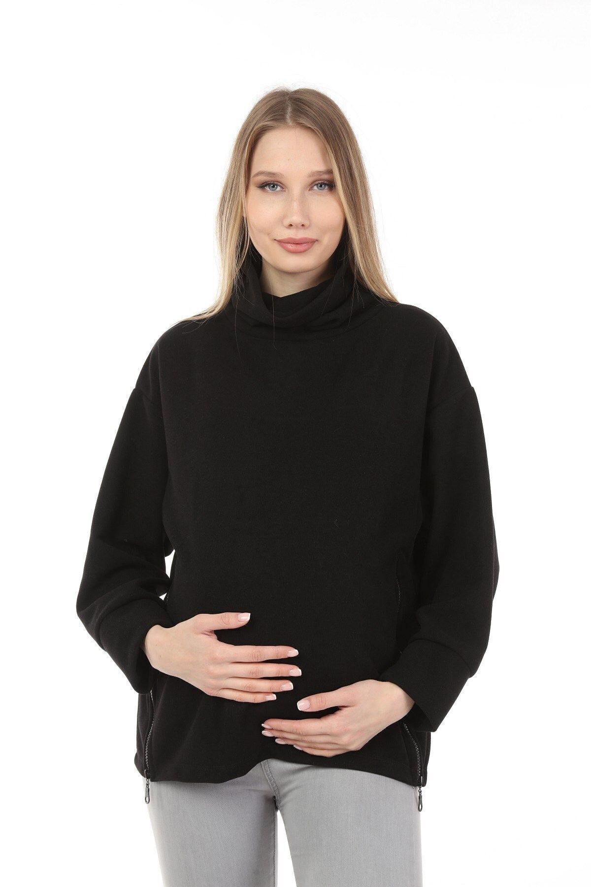 Luvmabelly Myra4280 Fermuarlı Hamile Sweatshirt -siyah görsel 2