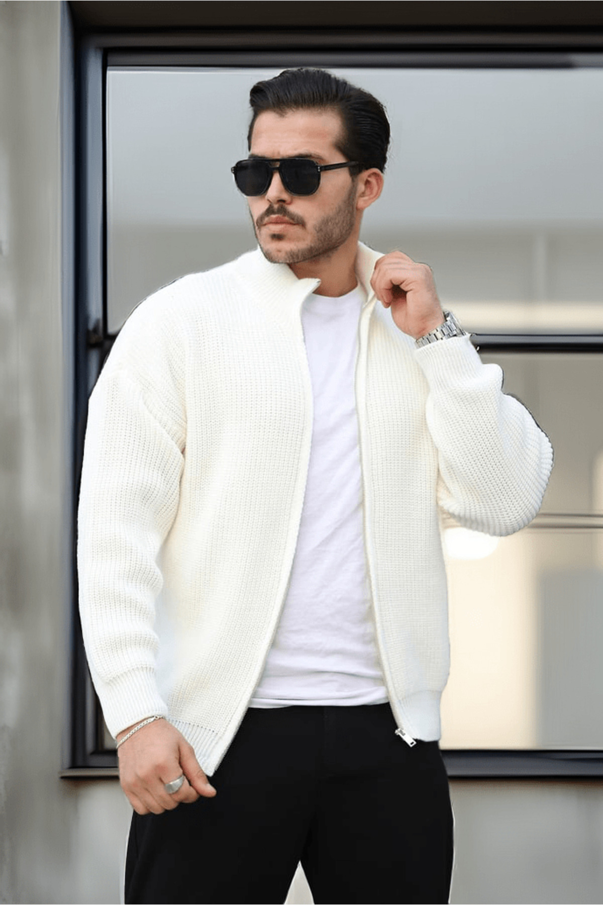 Valiberta  Woody Oversize Selanik Örme Fermuarlı Erkek Hırka- Ekru - Görsel 6