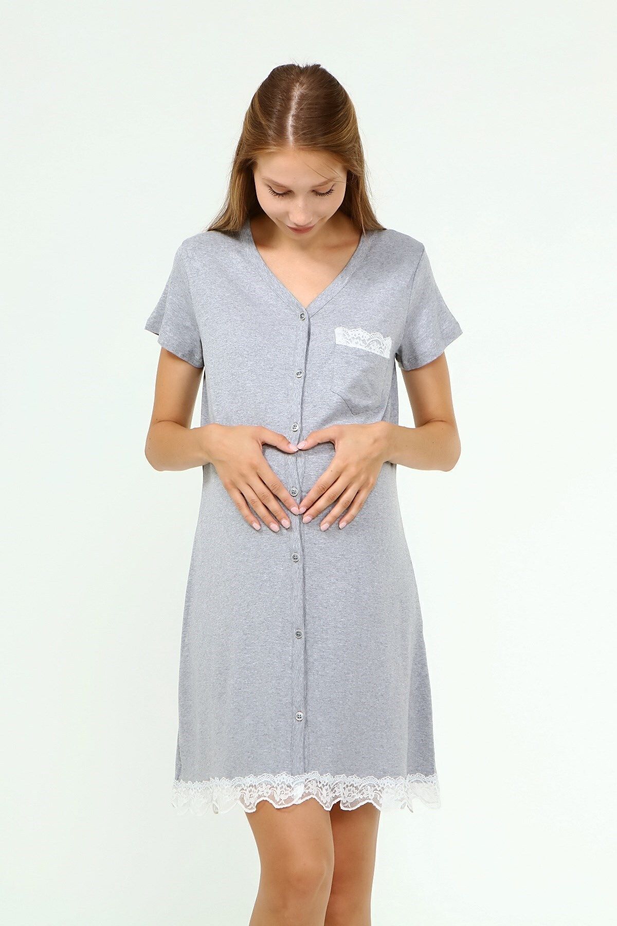 Luvmabelly Myra9721 - Düğmeli Dantelli Cepli Hamile Geceliği - Gri fotoğrafı 3 (önizleme)