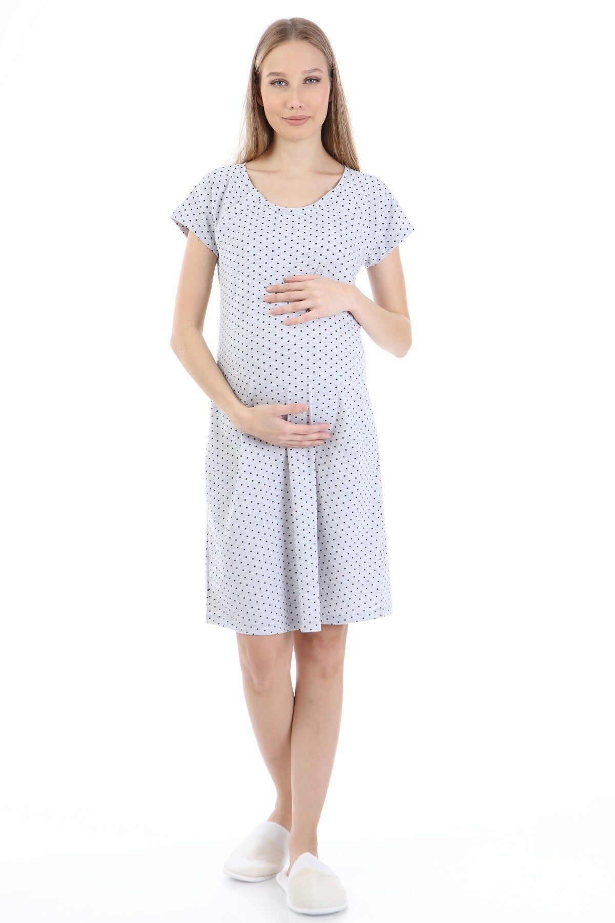 Luvmabelly Myra9582 Yandan Çıt Çıtlı Hamile Geceliği - Siyah Puantiyeli - Gri fotoğrafı 2 (önizleme)