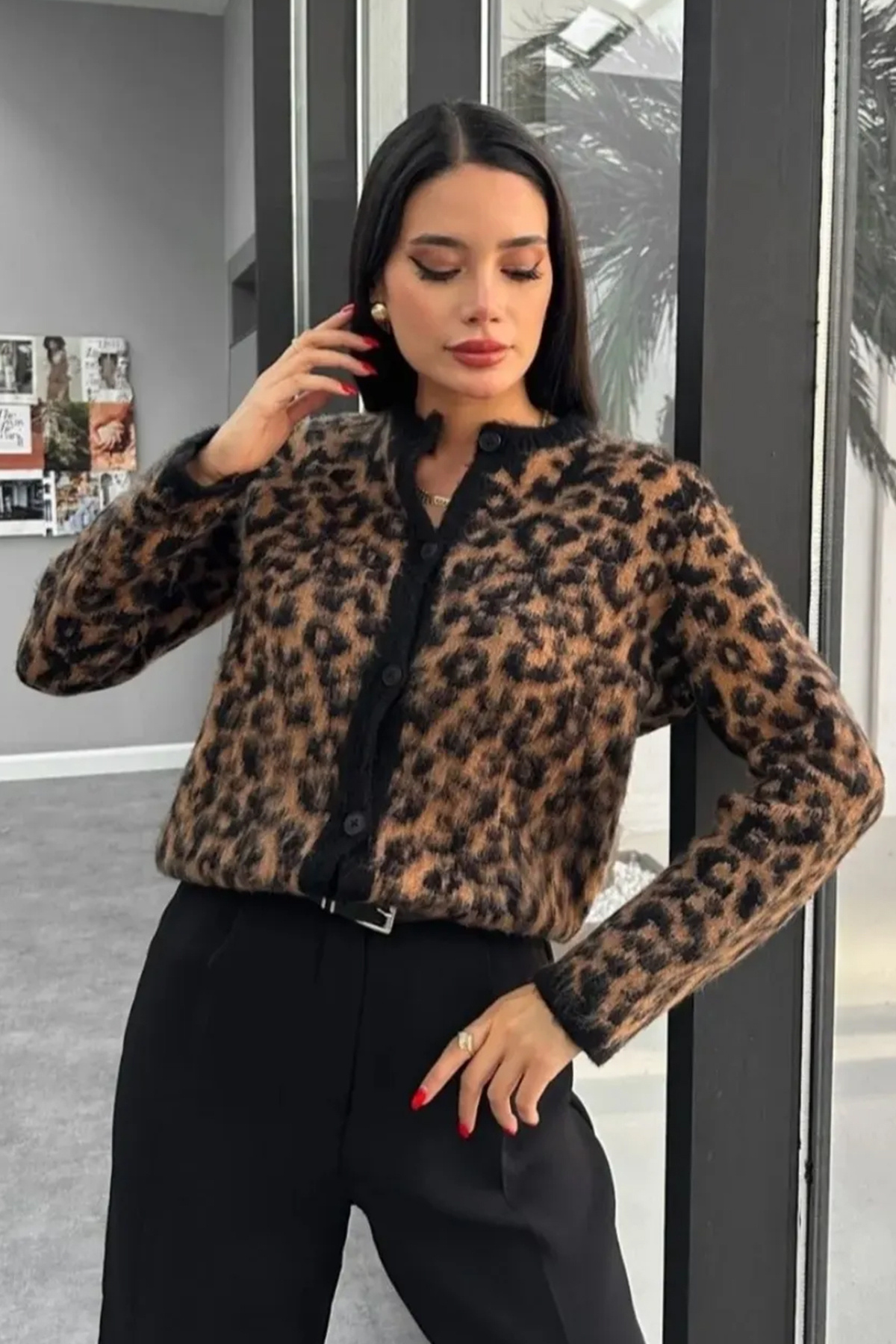 DAMGA Collection Leopárd mintás puha kötöttáru kardigán