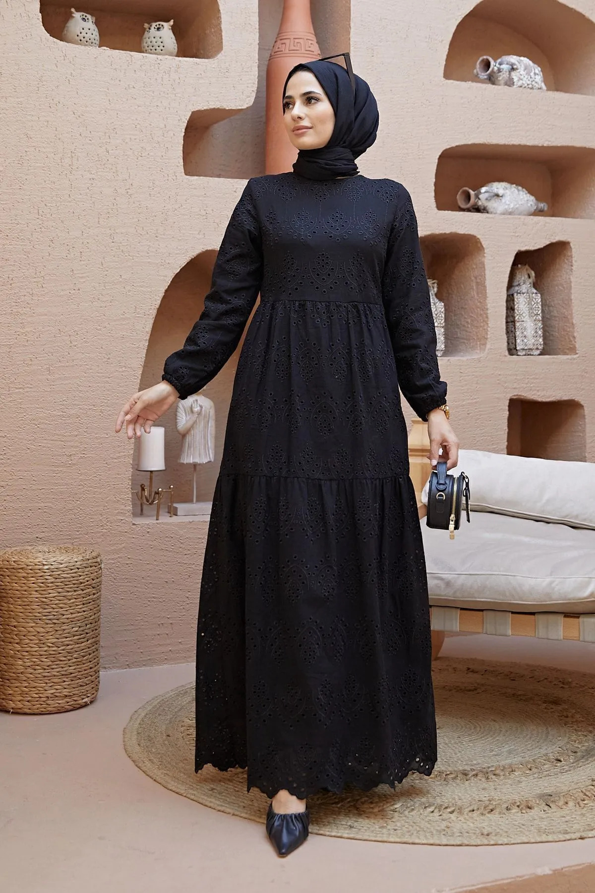 PİNK FLY  Brode Dantel Fisto Uzun Kadın Elbise Siyah - Görsel 4