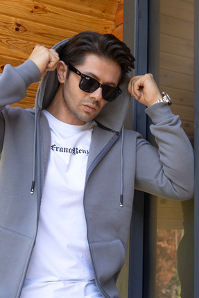 FRANCO RENZO Kapüşonlu Boydan Fermuarlı 3 İplik Şardonlu Pamuklu Sweatshirt