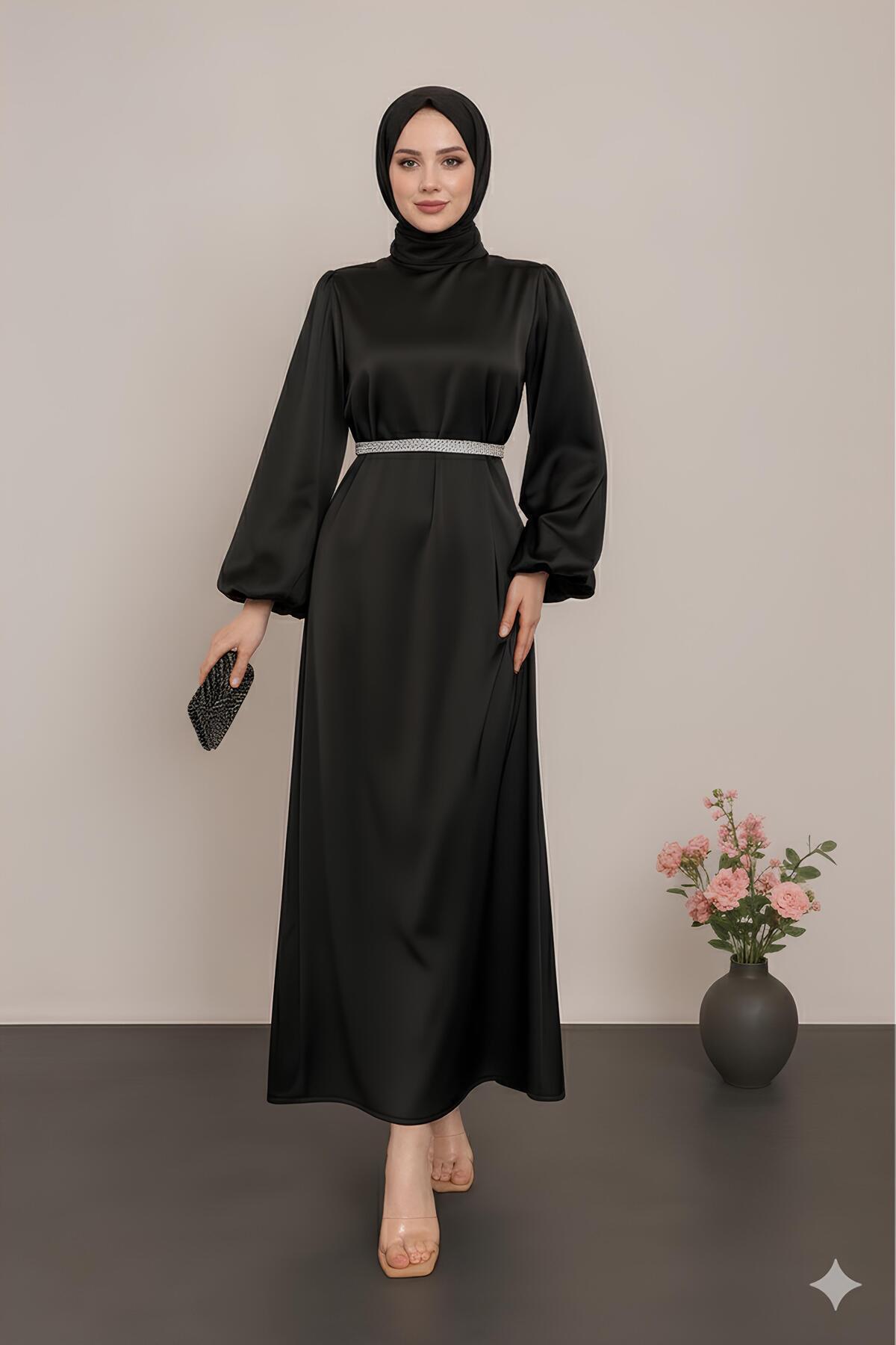 STİLZERAFET Almina Kemeri İncili Saten Abiye