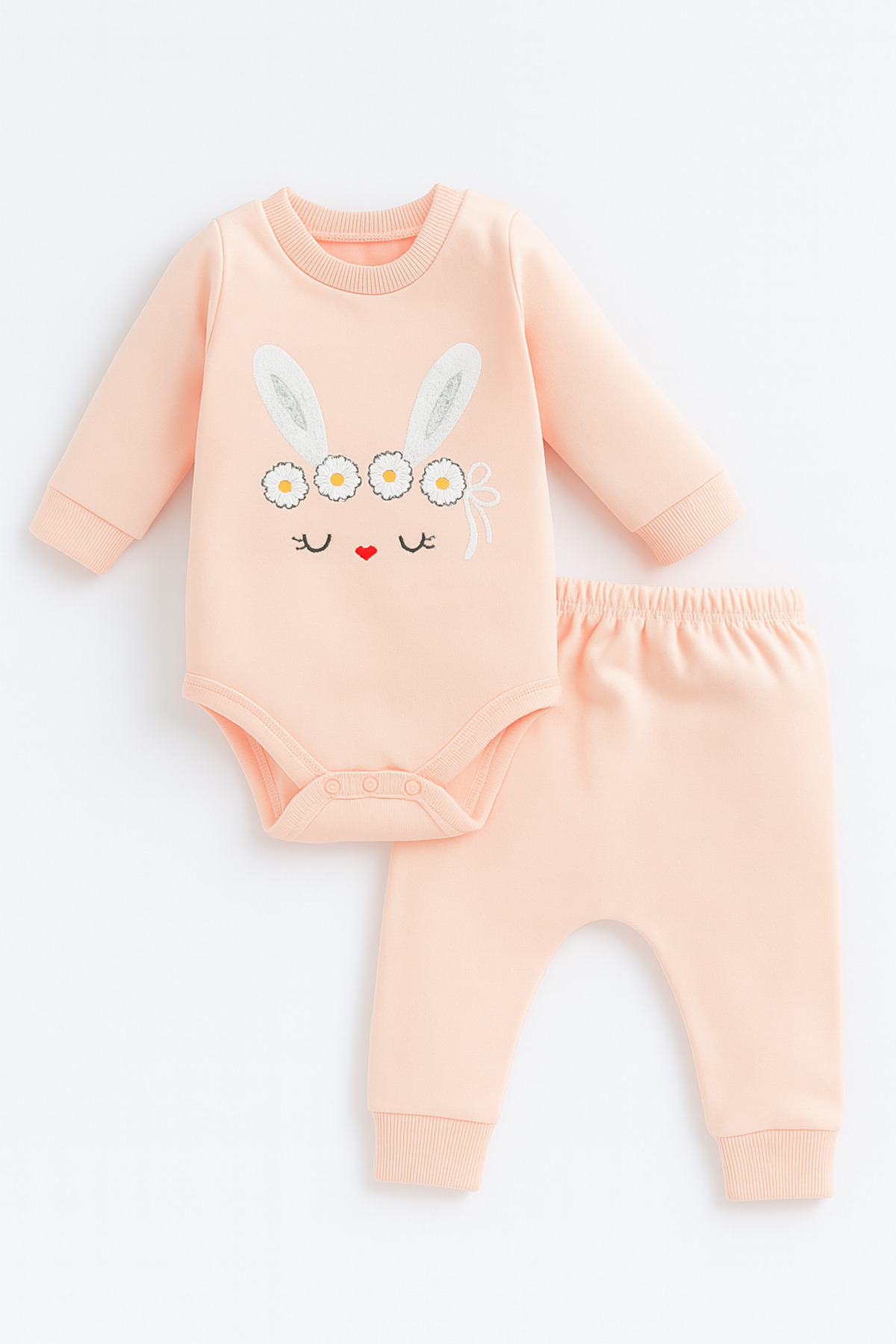 VEGAMOD Kız Bebek Kapüşonlu Tavşan Kulaklı Çizgili Tavşan Baskılı 3 Parça Zıbınlı Şirin Kız Takım Somon fotoğrafı 7 (önizleme)