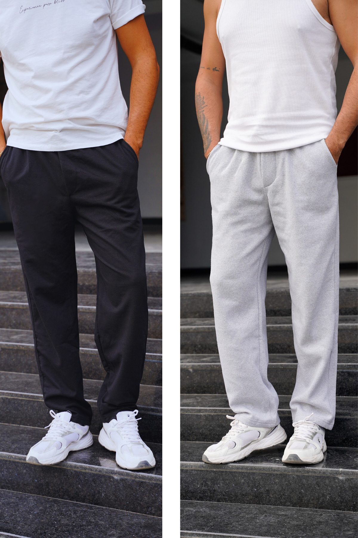 EydaMoon Erkek 2 li Paket (Siyah-Gri) Rahat Kesim Cepli 4 Mevsim Beli Lastikli Bol Paça Eşofman Altı