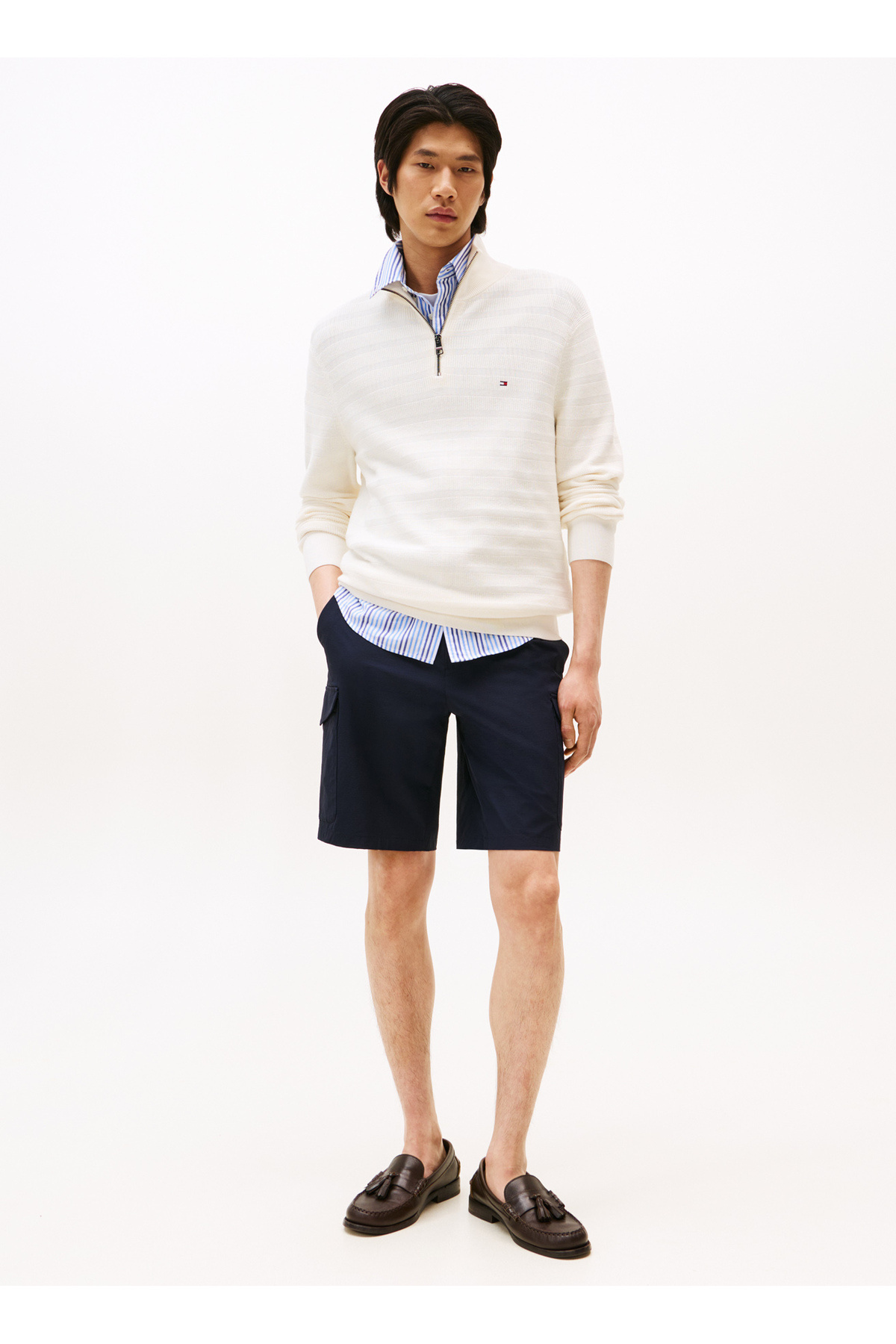 تامی هیلفیگر پلیور مردانه یقه گرد معمولی زرد MW0MW39536Z00_STRIPE STRUCTURE ZIP