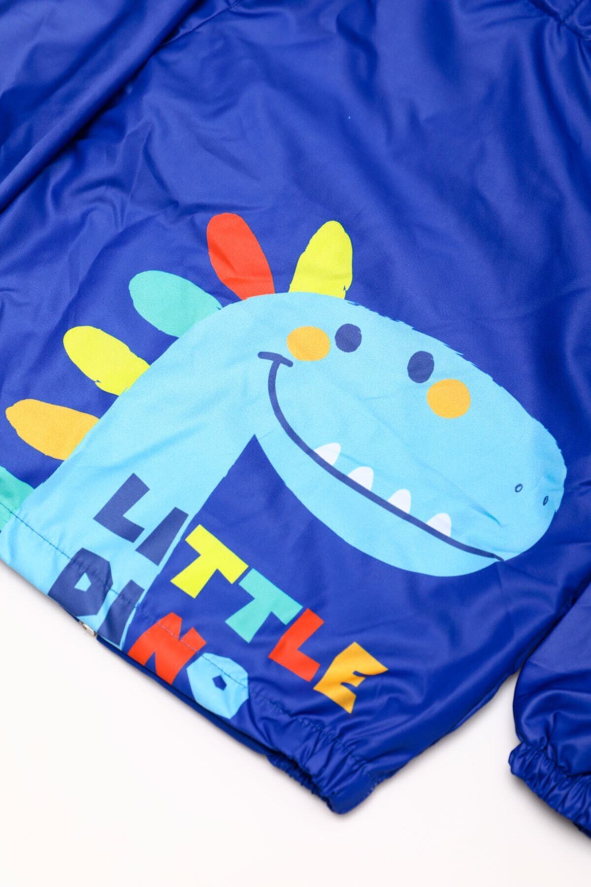 Mika Bebek & Çocuk Dinozor Desenli Kapüşonlu Mavi Erkek Çocuk Yağmurluk fotoğrafı 7 (önizleme)