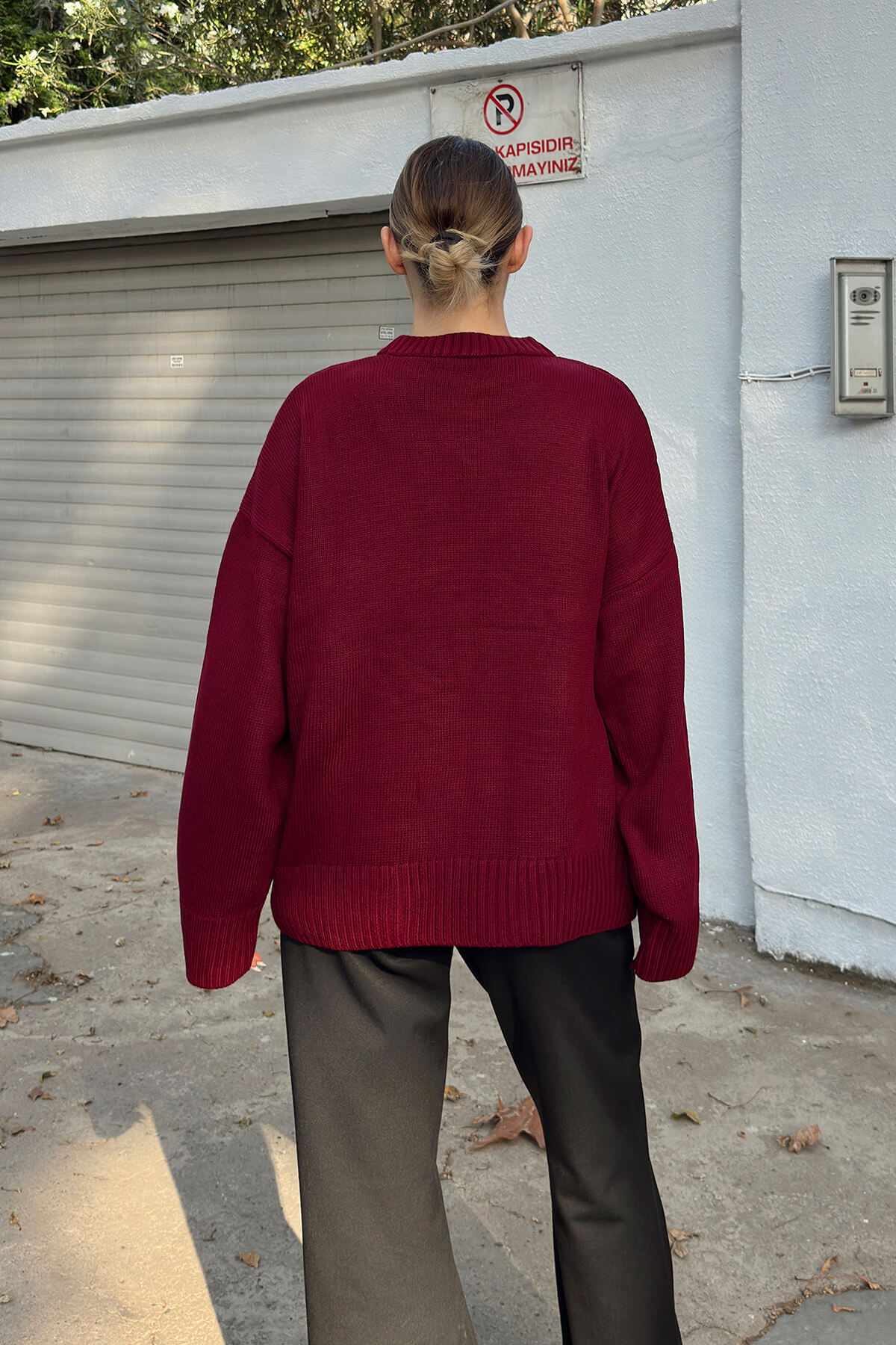 Swist  Bordo Biscuit Bisiklet Yaka Oversize Kadın Triko Kazak - Görsel 6