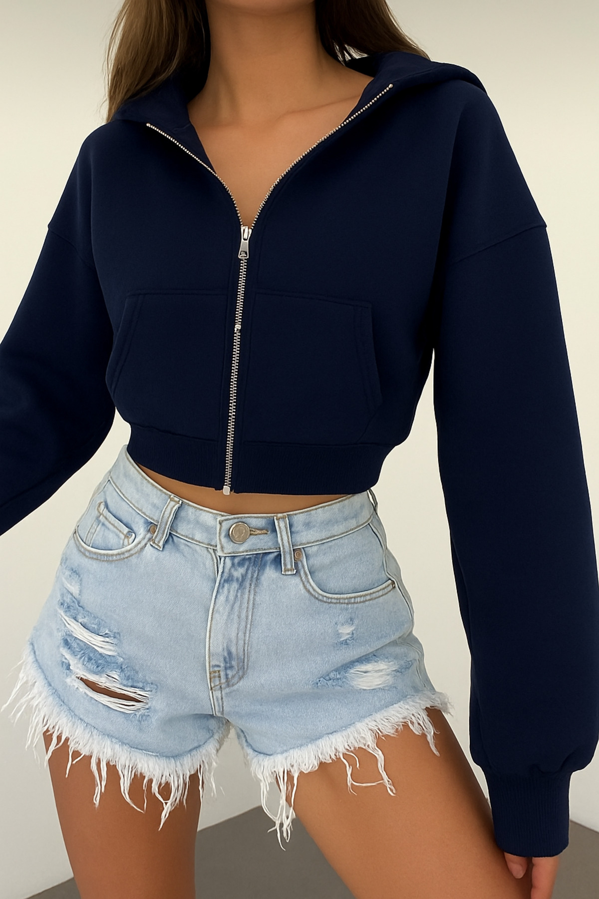 BYMEER  Lacivert Fermuarlı Kapüşonlu Crop Sweatshirt Hırka - Görsel 2