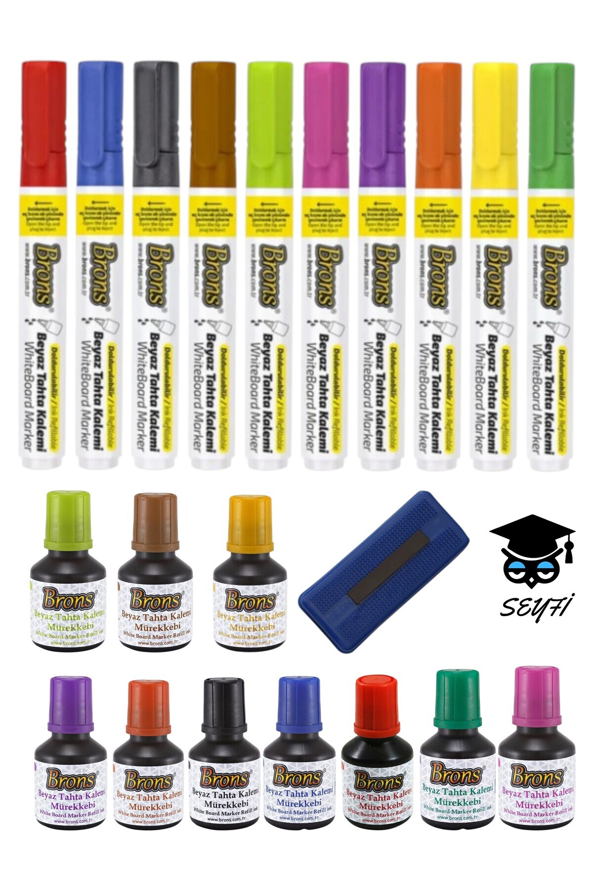 SEYFİKİRTASİYE tahta kalem ve mürekkep seti 10 renk ve tahta silgisi
