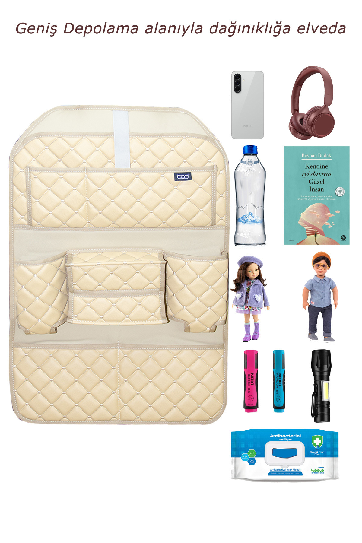 Bod Cunda Oto Koltuk Arkası Koruyucu Eşya Düzenleyici Araç içi Organizer Bej fotoğrafı 2 (önizleme)