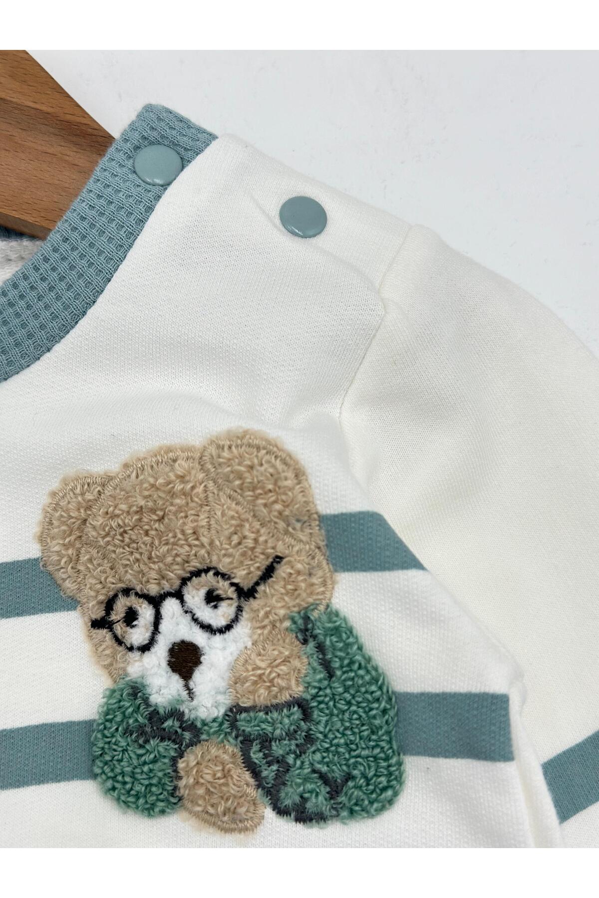 voyyo kids baby Erkek Bebek Mevsimlik Takımı Ayıcık Nakışlı Uzun Kollu Bisiklet Yaka Çizgili Sahte Gömlekli Takım fotoğrafı 6 (önizleme)