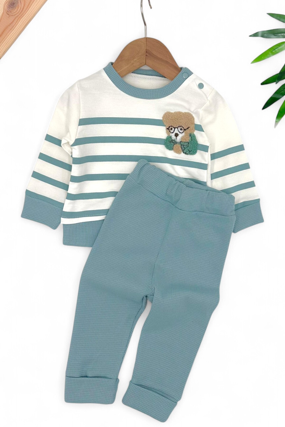 voyyo kids baby Erkek Bebek Mevsimlik Takımı Ayıcık Nakışlı Uzun Kollu Bisiklet Yaka Çizgili Sahte Gömlekli Takım fotoğrafı 2 (önizleme)