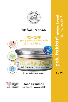 Badecanlar Şefkatli Kozmetik Doğal 50 Faktör Korumalı Güneş Kremi (VEGAN,MİNE...