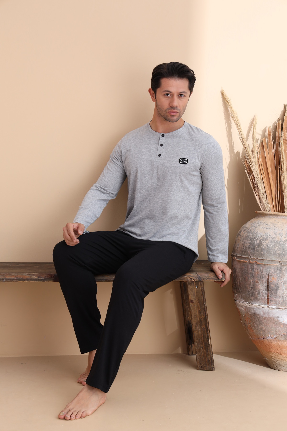 ELİTOL  Gri Melanj Düğmeli Uzun Kol Erkek Pijama Takımı - Görsel 2